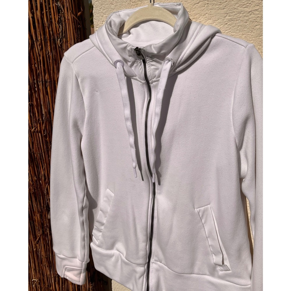 Womens XL White Full Zip Athletic Hoodie Plush Lined Stretch Jacket Thumbholes - Picture 3 of 8